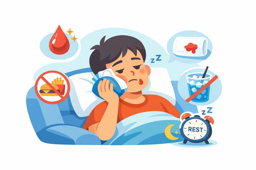 Child recovering from wisdom teeth removal with toothache home care tips