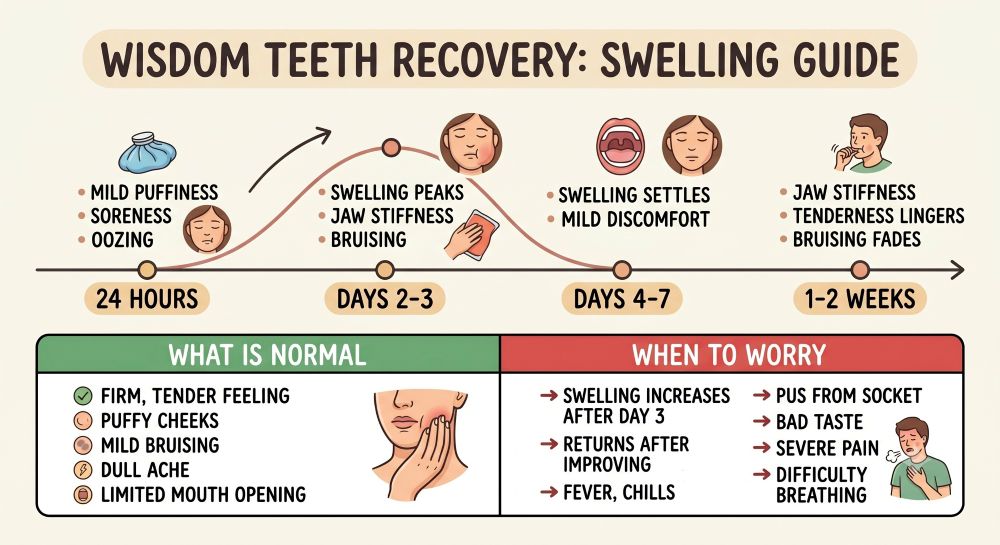 Wisdom teeth recovery swelling guide showing timeline, causes, and tips to reduce swelling after wisdom tooth extraction